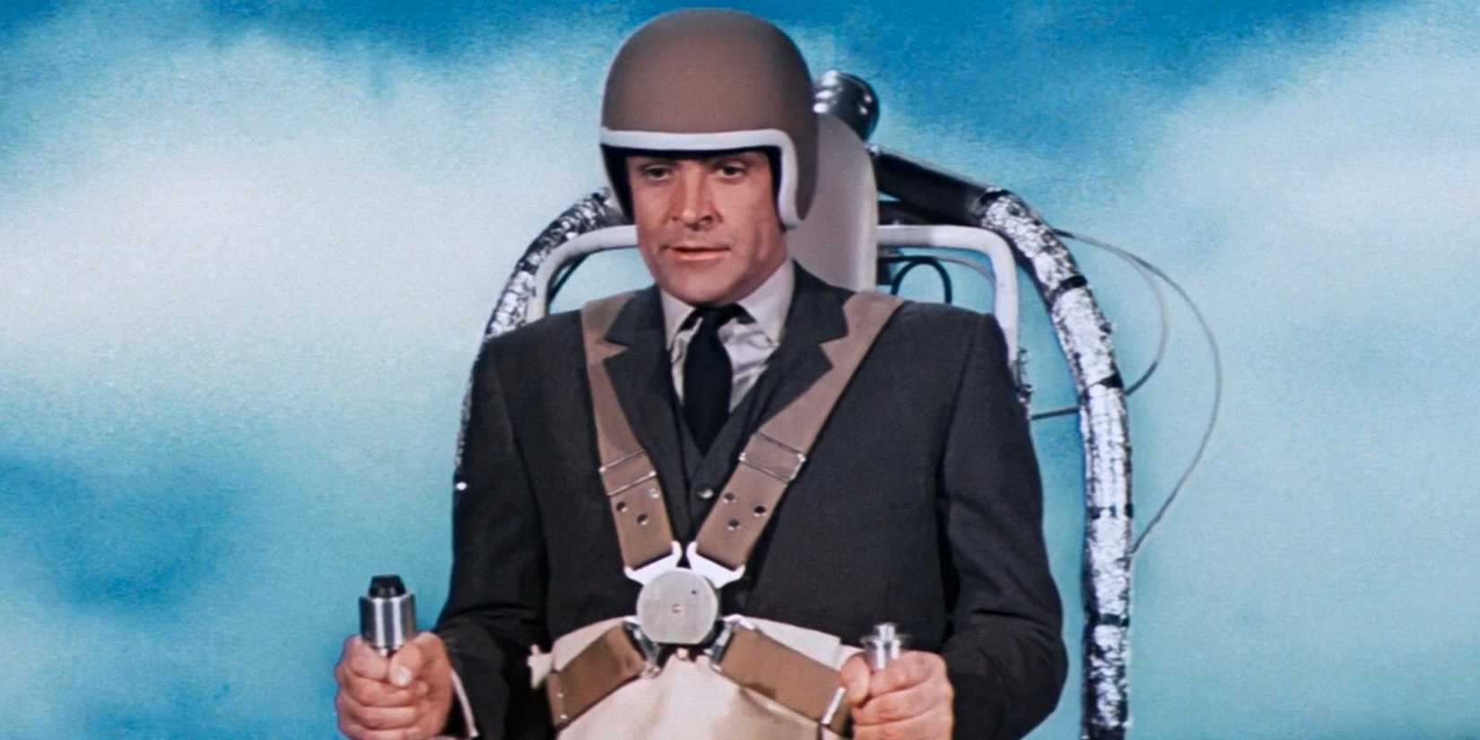 Sean Connery as James Bond using a jetpack in 'Thunderball' (1965)