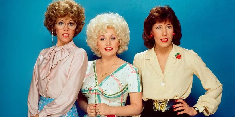 Jane Fonda, Dolly Parton, and Lily Tomlin against a blue background in 9 to 5.