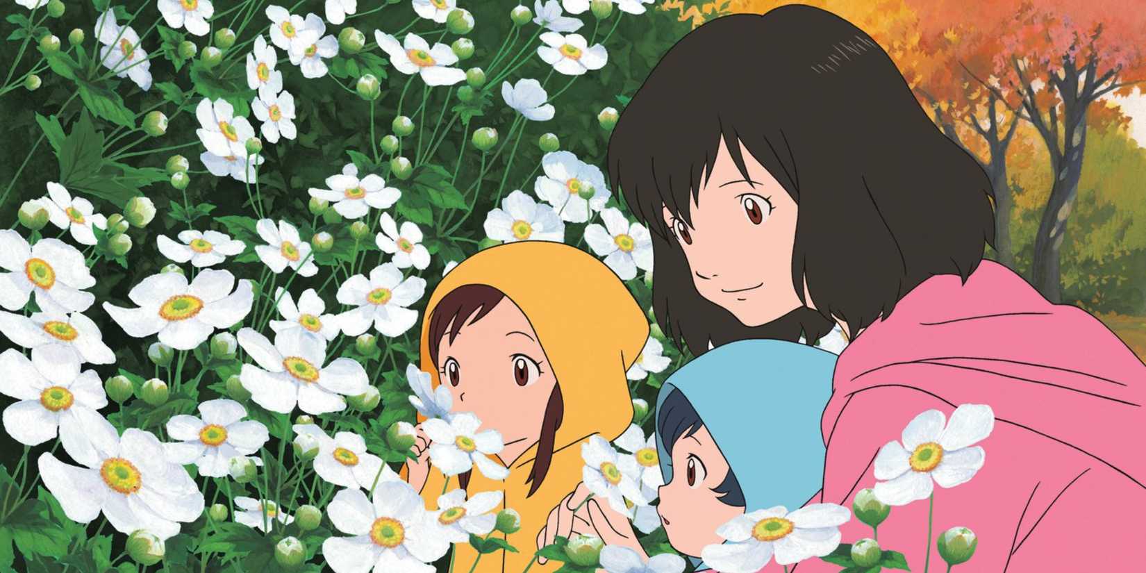 Mother and kids smelling the flowers in Wolf Children (2012).