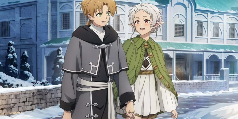 Rudeus and Sylphie holding hands in front of a winter house in Mushoku Tensei.