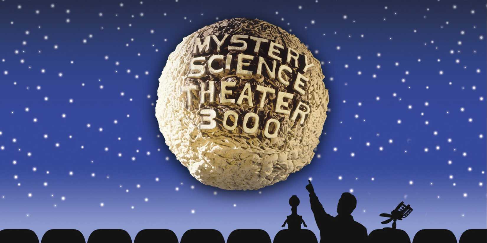 A large moon with Mystery Science 3000 written on it and a silhouette of a man and two robots looking up at it.
