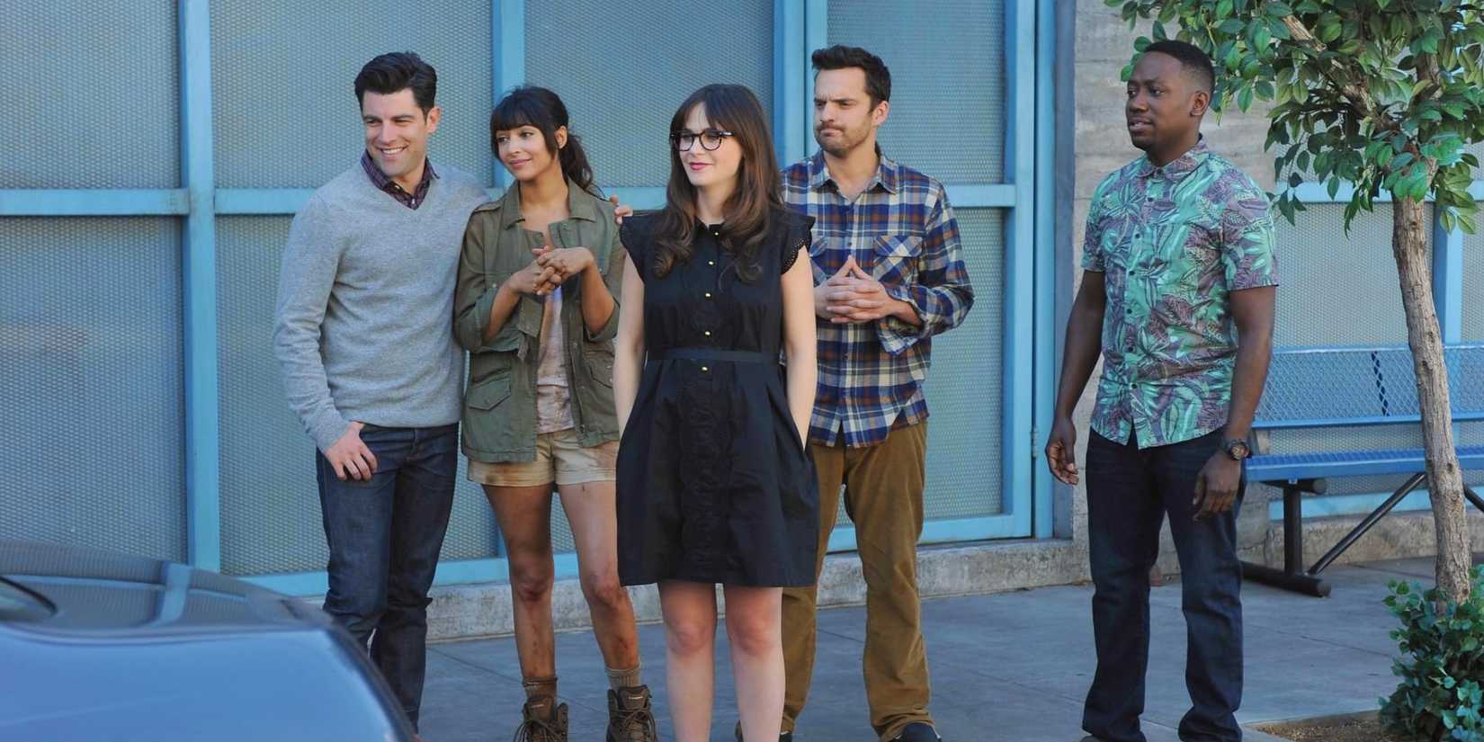 Schmidt, Cece, Nick, Jess, and Winston on New Girl, standing together