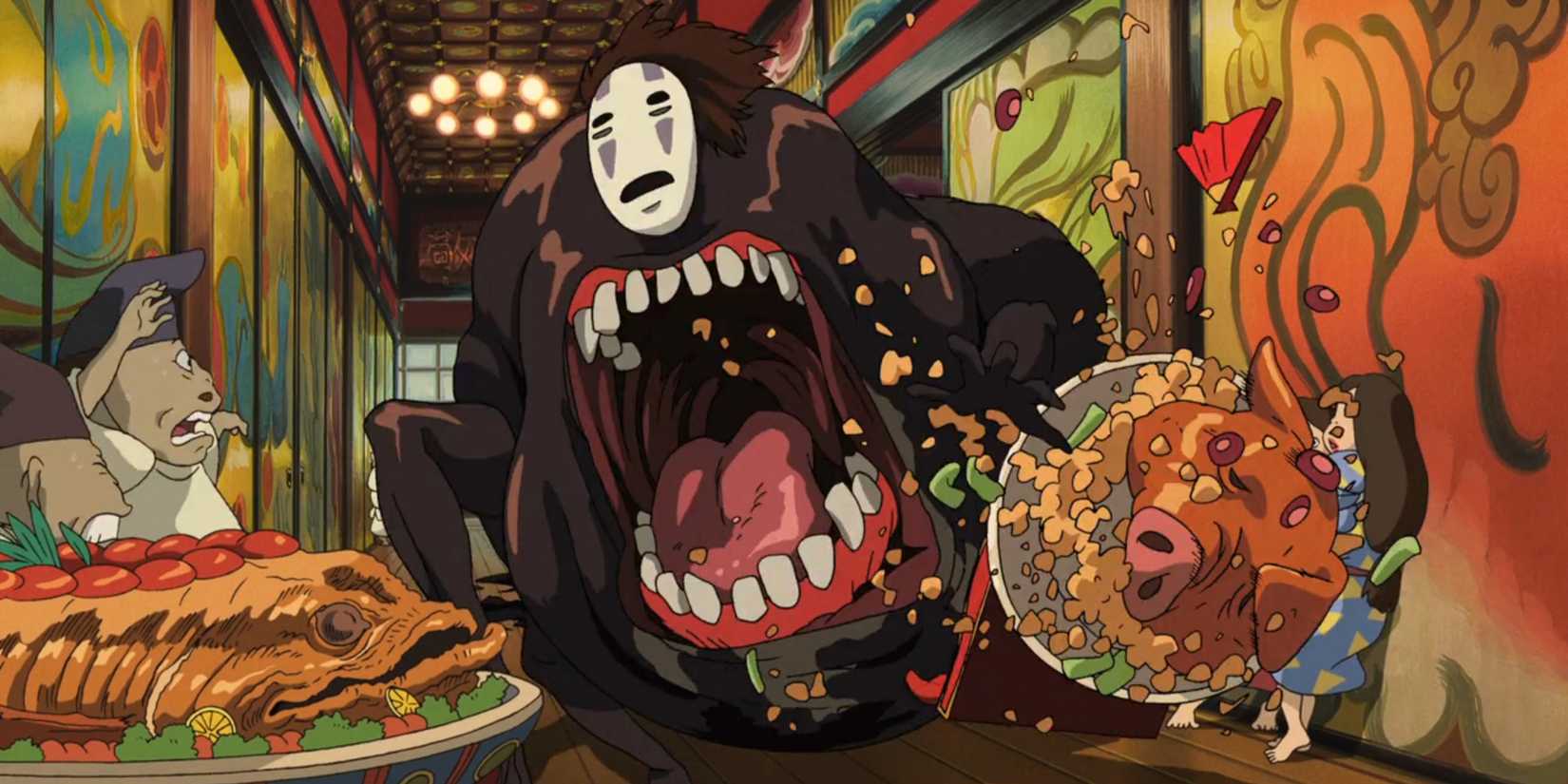 No Face destroys the bathhouse in his large, disgusting transformation.