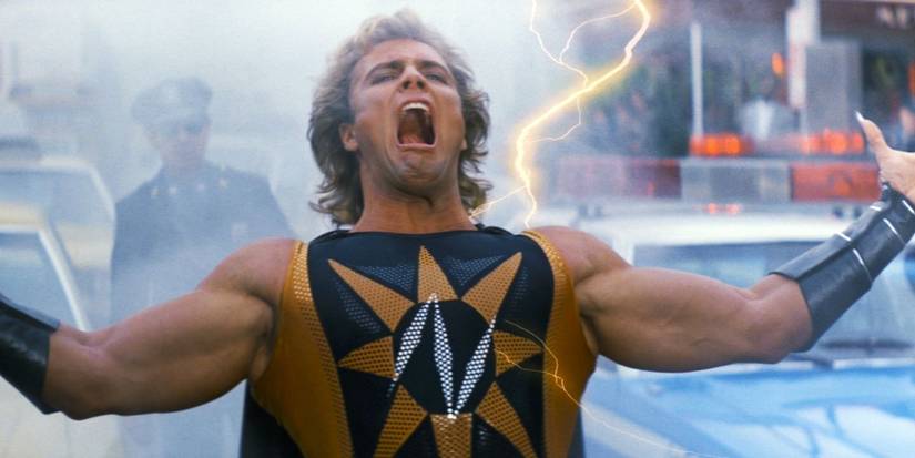 Nuclear Man (Mark Pillow) yelling in the middle of the city in 'Superman IV: The Quest for Peace.'