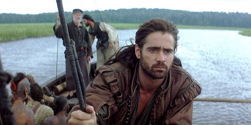 John Smith aboard a boat looking ahead in The New World