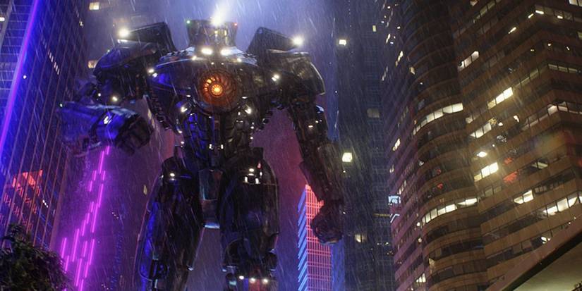 Gipsy Danger walking through Shanghai in 'Pacific Rim'