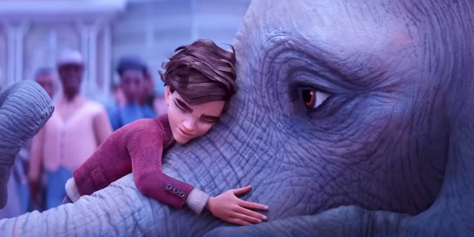 Peter hugs the trunk of an elephant in The Magician's Elephant, 2023