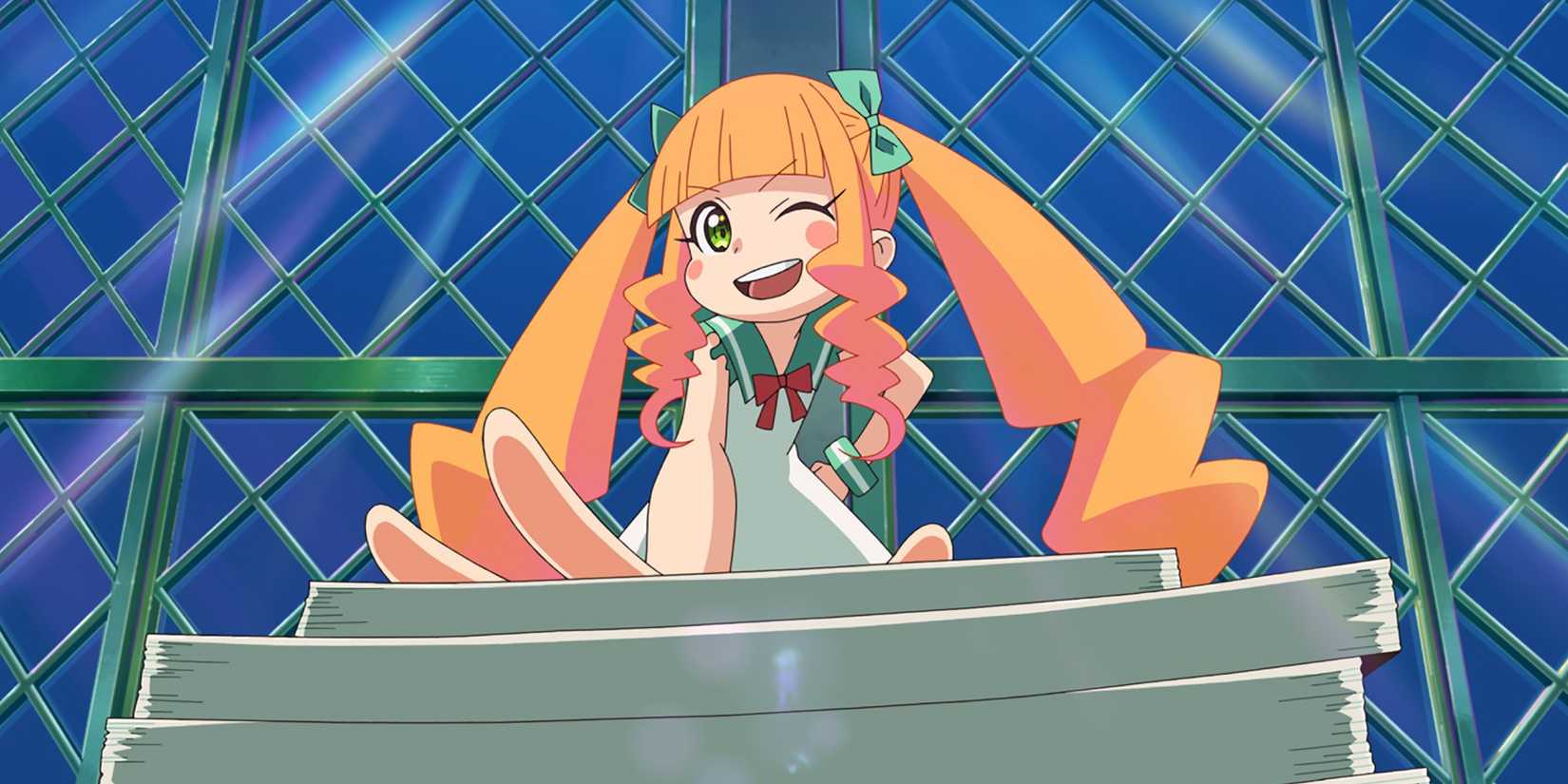 A still from Pompo the Cinephile featuring the titular character, Pompo, with her hand over a pile of screenplays.