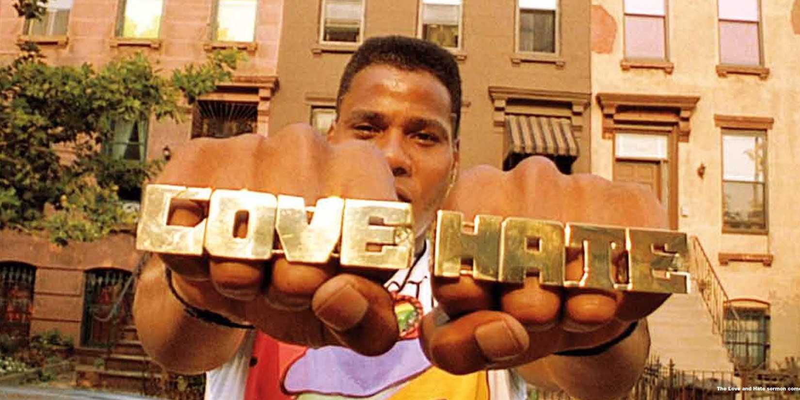 Radio Raheem shows off his Love and Hate brass knuckles in Spike Lee's 'Do the Right Thing'