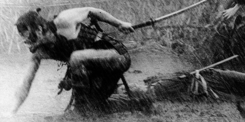 A samurai under the rain in Seven_Samurai