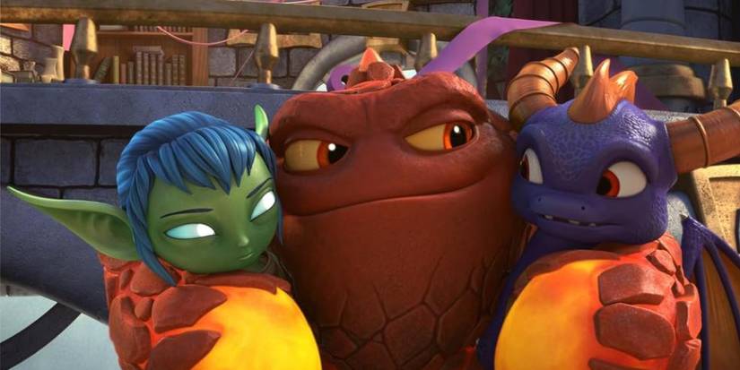 Three characters embracing in Skylanders Academy