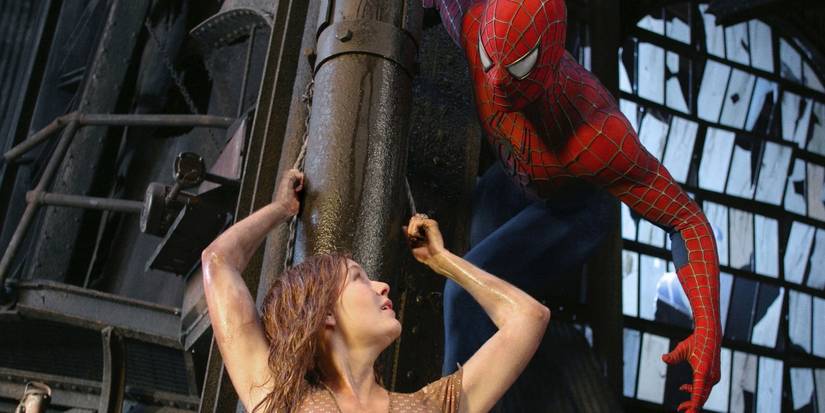 Tobey Maguire as Spider-Man saves Kirsten Dunst as Mary Jane in 'Spider-Man 2.'