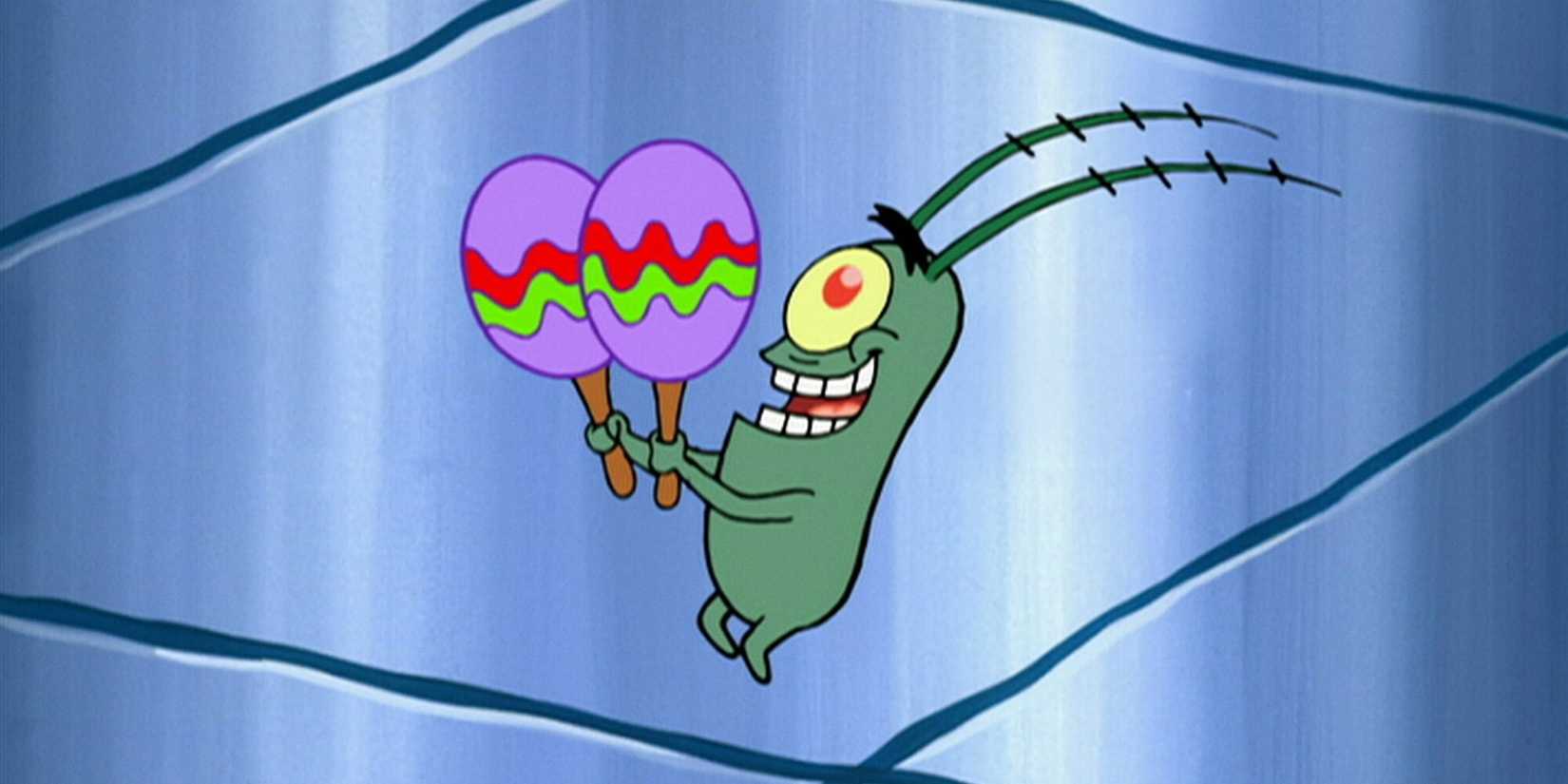A still from the episode of SpongeBob SquarePants, "Single-Cell Anniversary", featuring Plankton singing a song while shaking a pair of maracas 