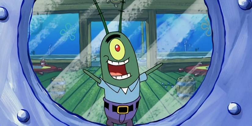 A still from the SpongeBob SquarePants episode "The Algae's Always Greener" featuring Plankton wearing Mr. Krabs outfit and acting as the owner of the Krusty Krab