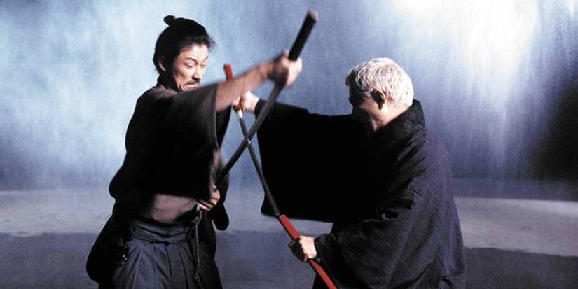 Tadanobu Asano and Takeshi Kitano clashing with their swords and fighting in 'Zatoichi'