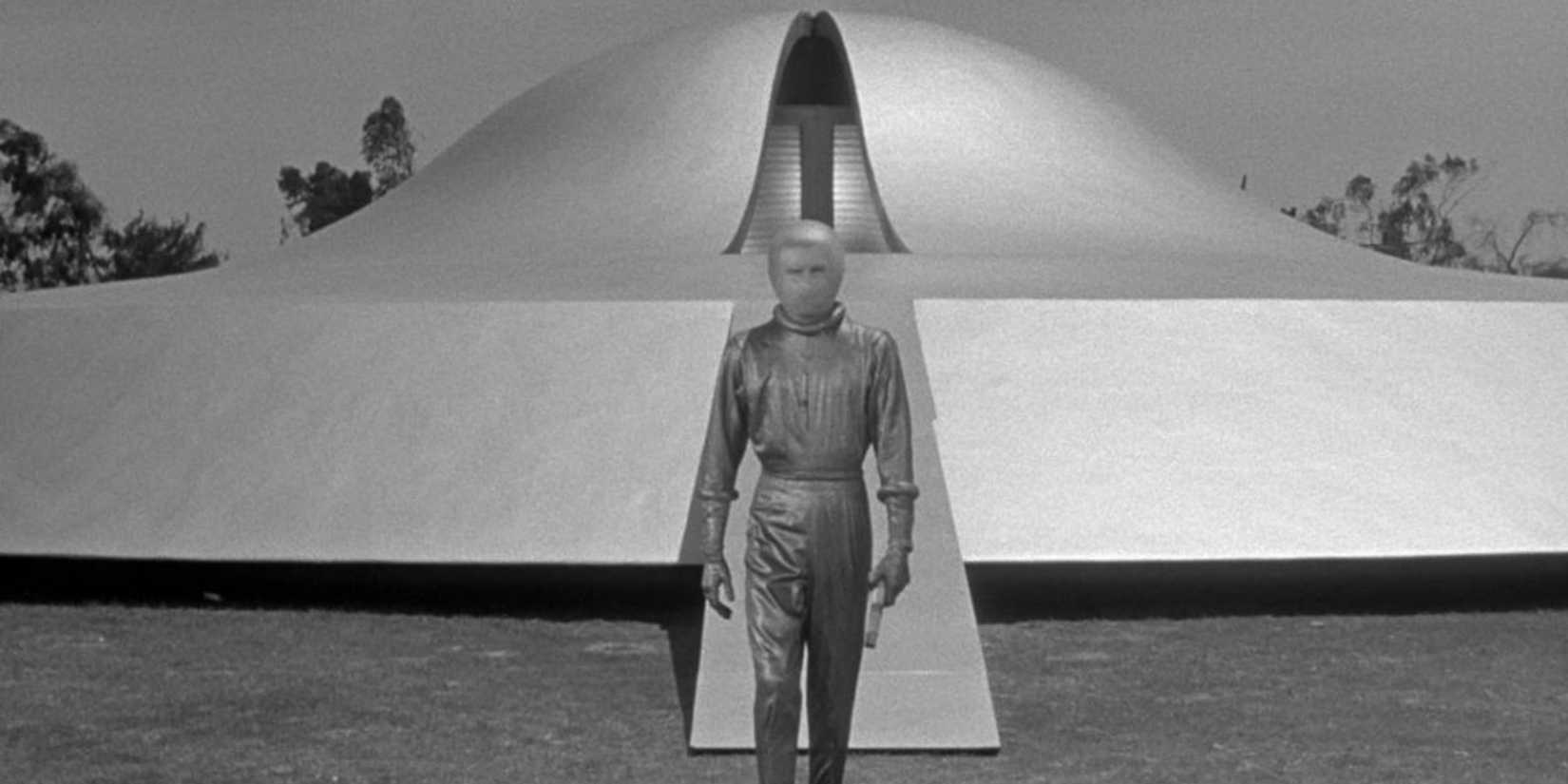 Klaatu walking out of his spaceship in The Day the Earth Stood Still (1951) still