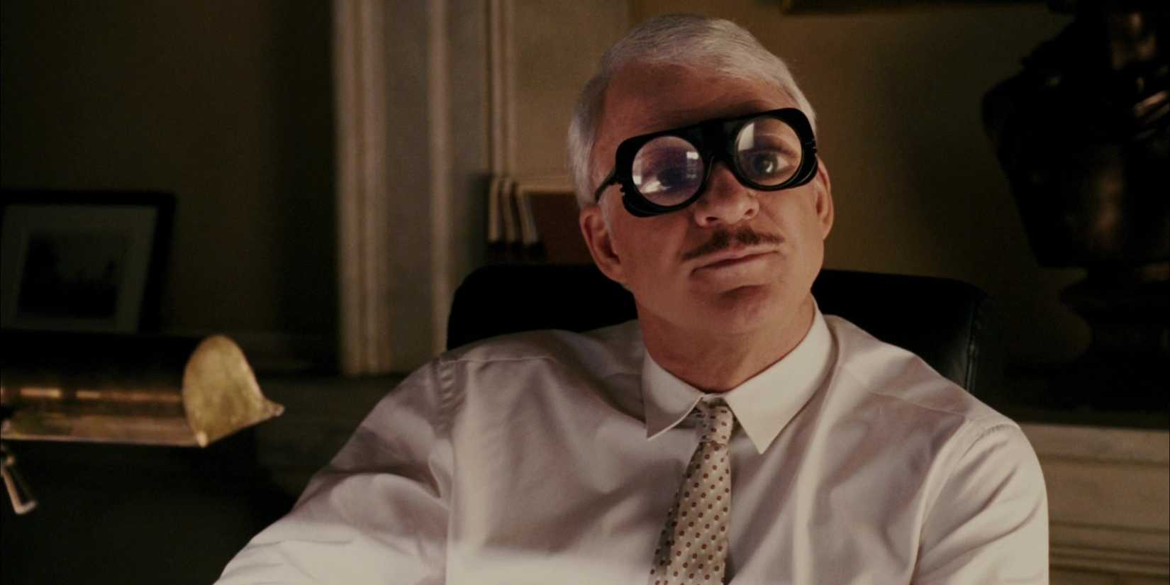 Steve Martin as inspector Jacques Clouseau wearing specialized wide lens glasses that make his eyes look bigger in The Pink Panther (2006).