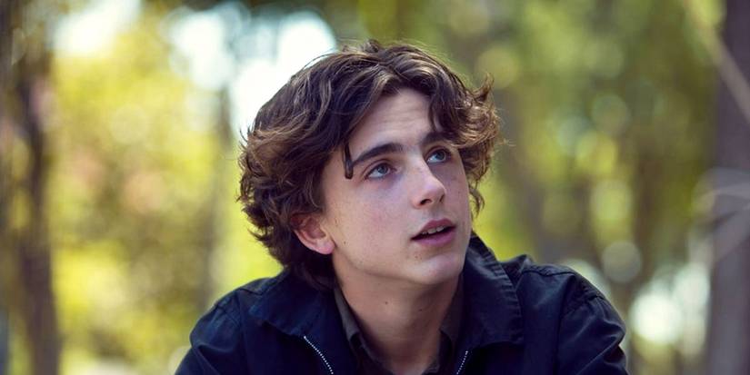 Timothée Chalamet as Kyle Scheible sitting outside looking at something off-camera in Lady Bird.