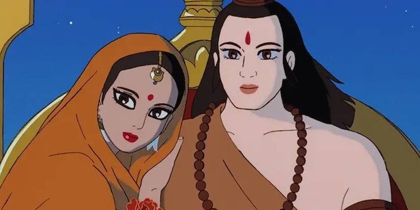 A man and woman in traditional Indian clothing in 'Ramayana: The Legend of Prince Rama' (1993)