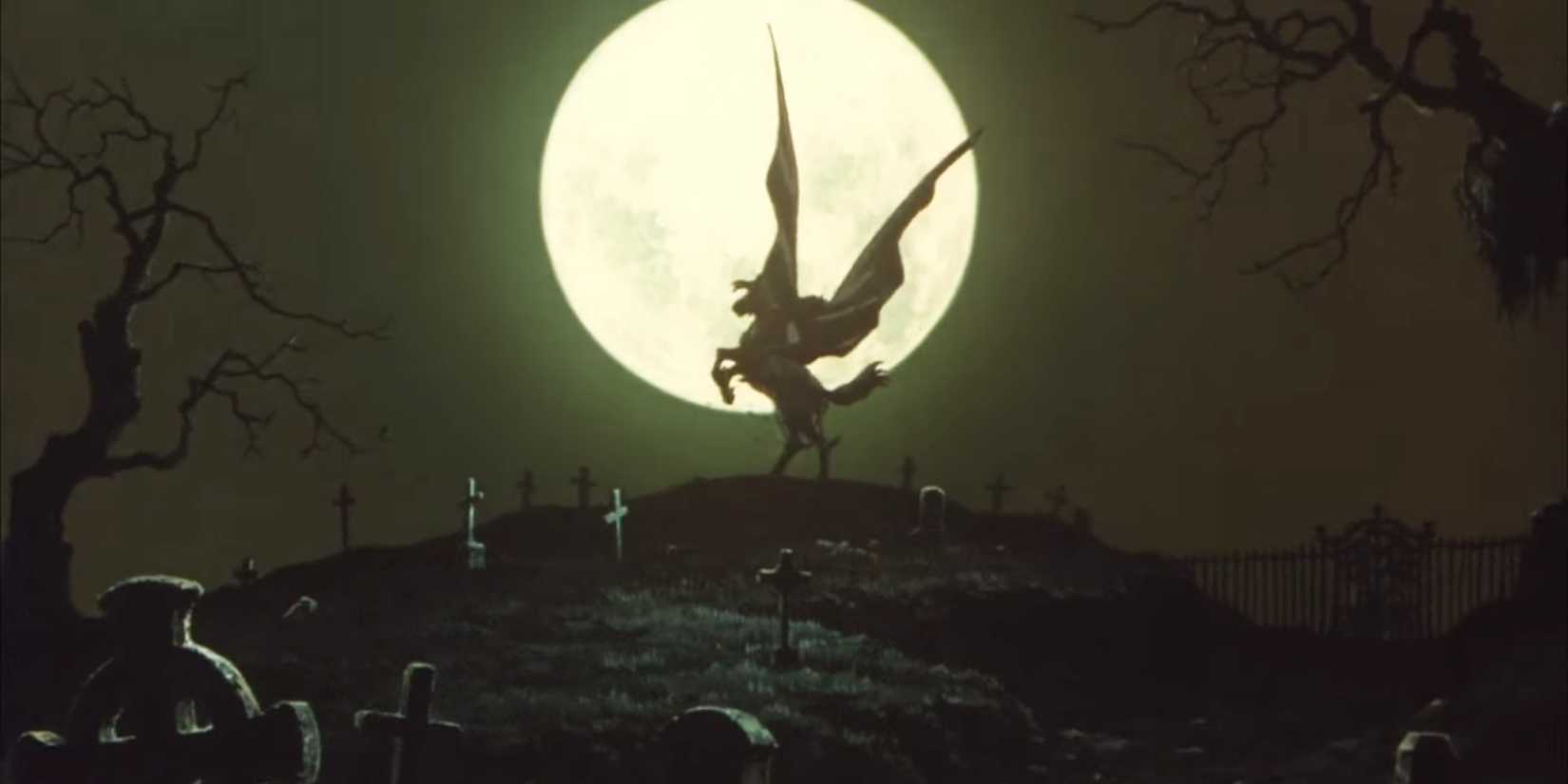 A vampire on a horse against the moonlight at a cemetery in Vampire Hunter D_ Bloodlust - 2000