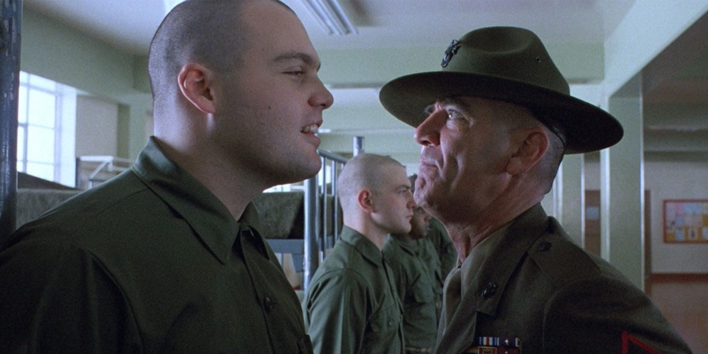 R. Lee Ermey looking sternly at Vincent D'Onofrio in Full Metal Jacket.