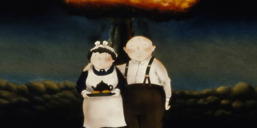 Hilda and Jim stand side by side as a nuclear explosion goes off in the background. Jim has his arm around Hilda.