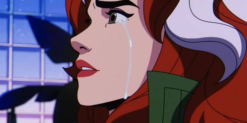 A profile close-up of Rogue staring toward the left and crying in X-Men '97