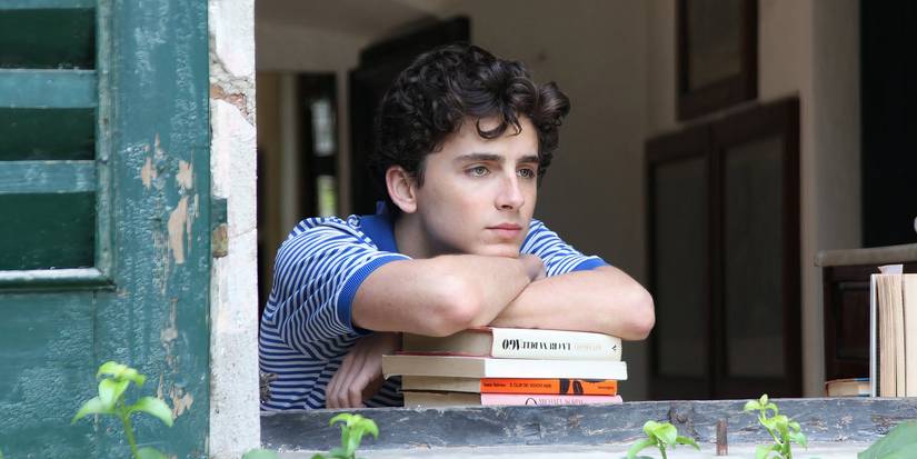 Timothée Chalamet as Elio resting his head on a pile of books and looking out a window in Call Me By Your Name.
