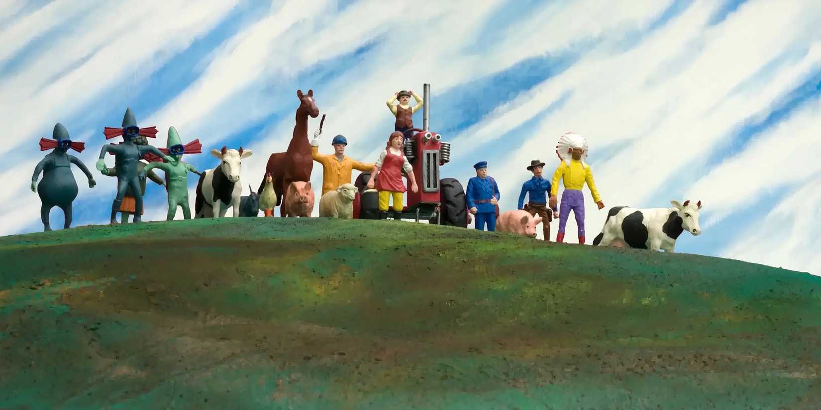 The cast of 'A Town Called Panic' (2009) looking off into the horizon while on the top of a hill