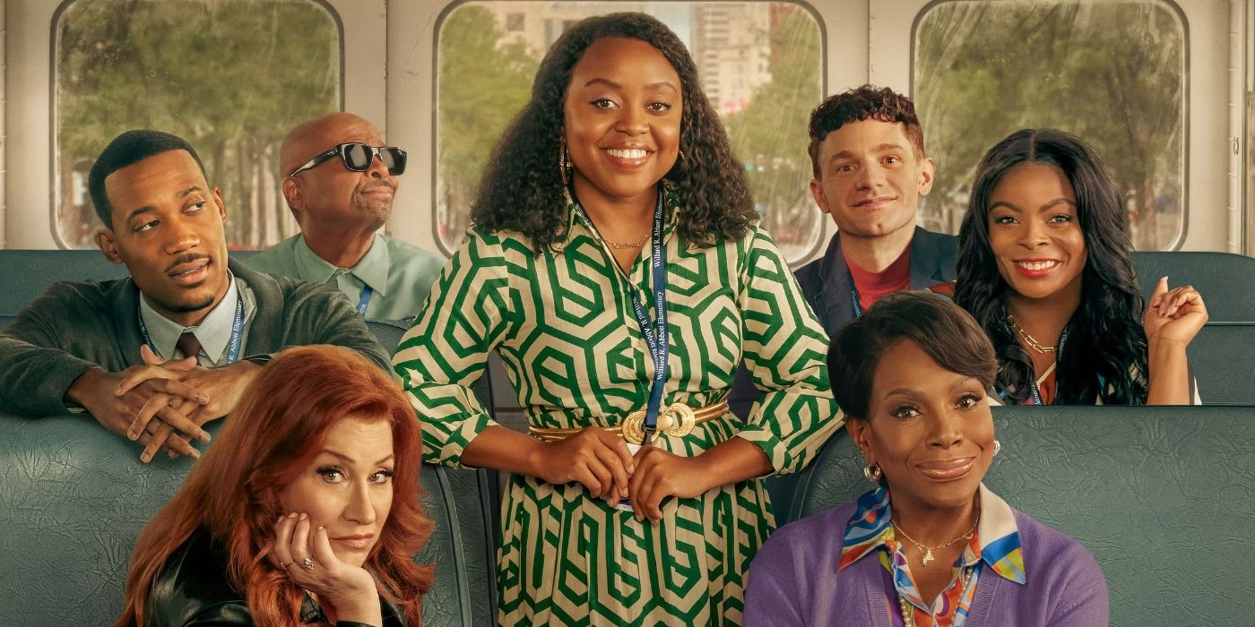 The cast of Abbott Elementary sitting in the back of a bus