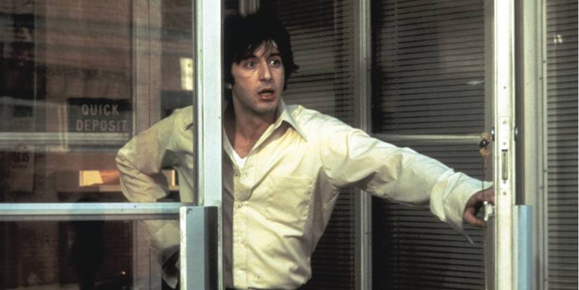 Al Pacino as Sonny opening the bank door in Dog Day Afternoon.