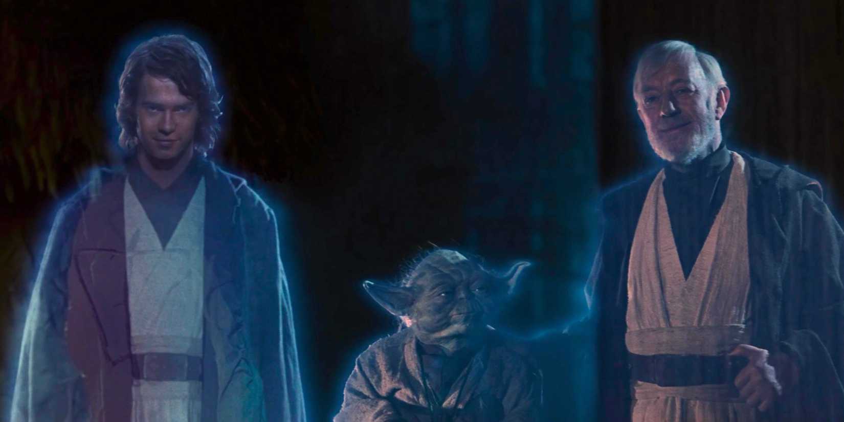 Os Fantasmas da Força Anakin Skywalker (Hayden Christiansen), Yoda (Frank Oz) e Obi-Wan Kenobi (Alec Guinness) ficam juntos com orgulho em Star Wars: Episódio VI - O Retorno de Jedi.