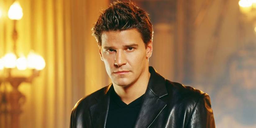 David Boreanaz in a leather coat looking broodingly at the camera in Angel