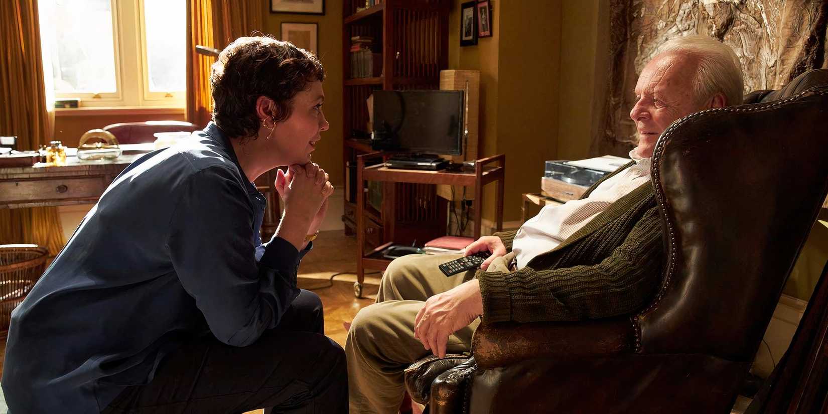 Anthony Hopkins as Anthony and Olivia Colman as Anne in The Father looking at each other.