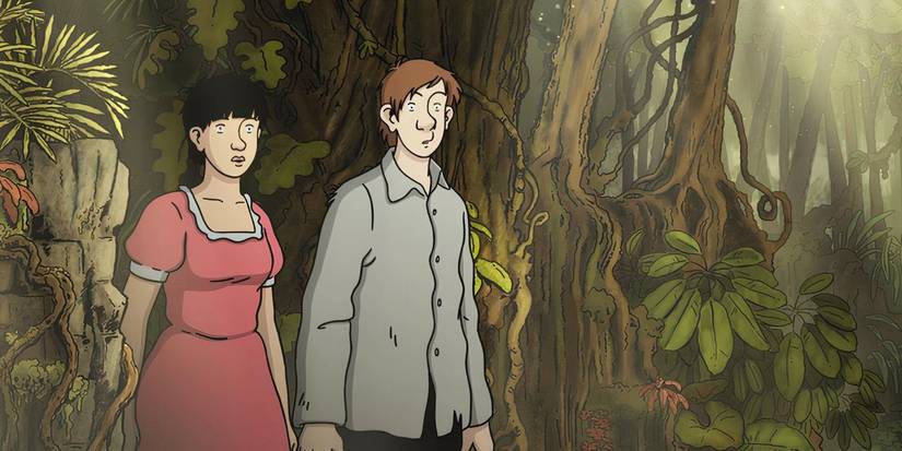 april (left) and Pops (right) walk through a forest 