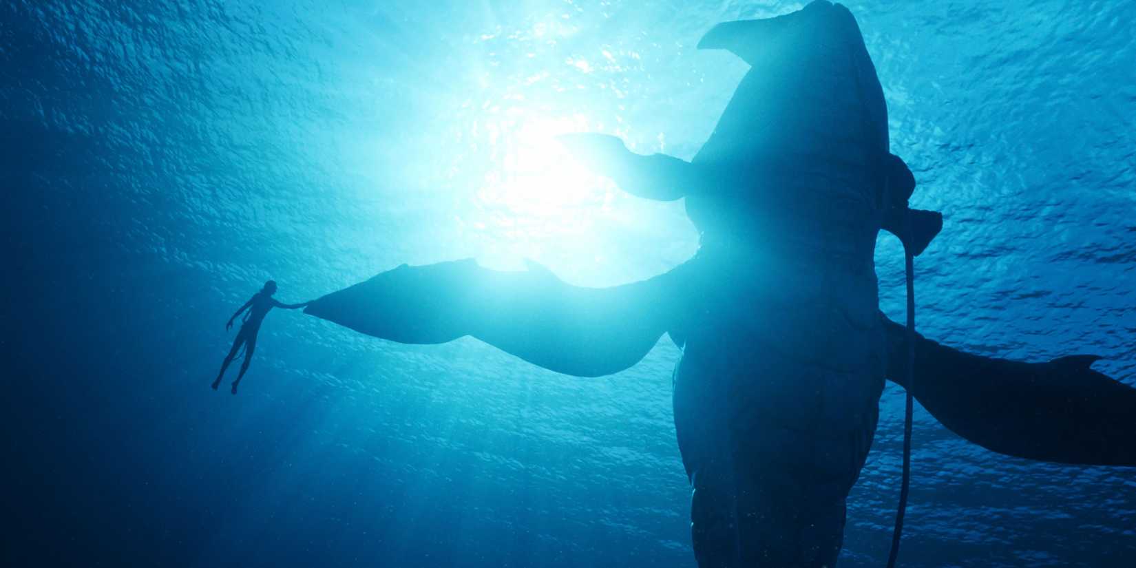 A Na'vi swimming with a whale in Avatar_ The Way of Water