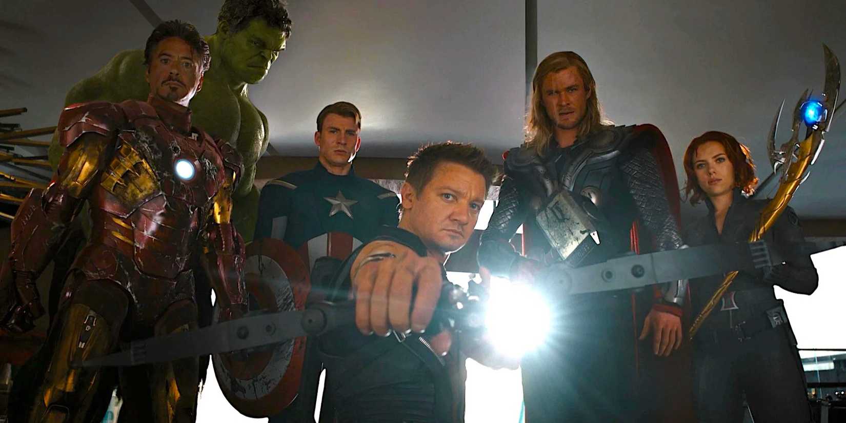 Iron Man, Hulk, Captain America, Hawkeye, Thor and Black Widow stare at the camera in The Avengers.