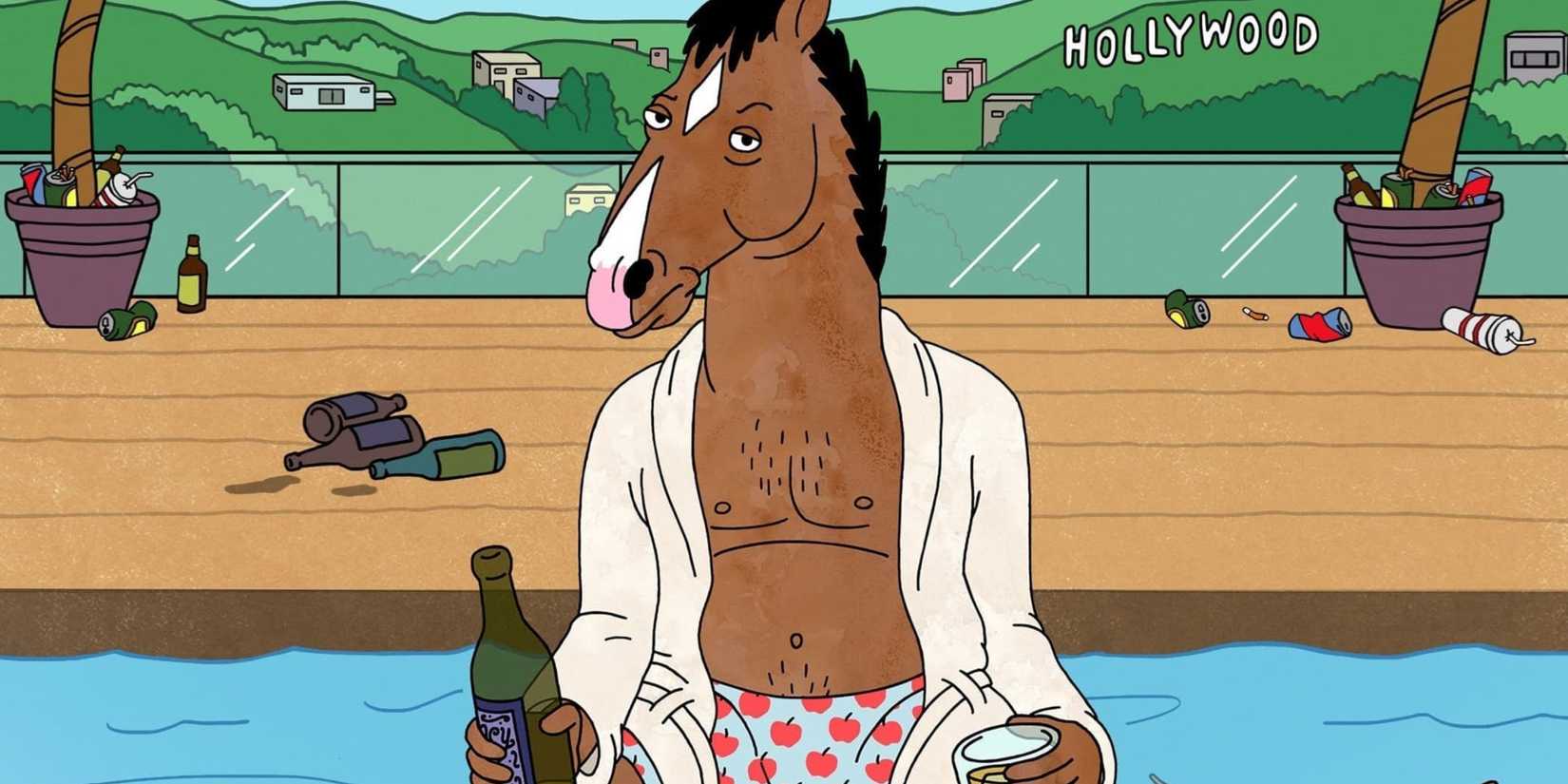 BoJack Horseman sitting by the water holding a beer in the Netflix show