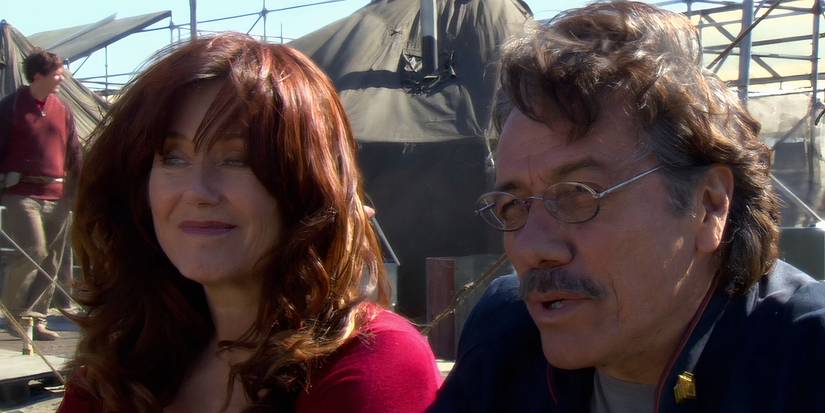 Commander William Adama & President Mary Roslin share a quiet moment together on Battlestar Galactica.