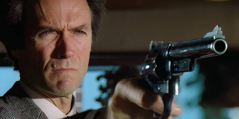 Closeup of Clint Eastwood as Dirty Harry, taking aim in 'Sudden Impact'