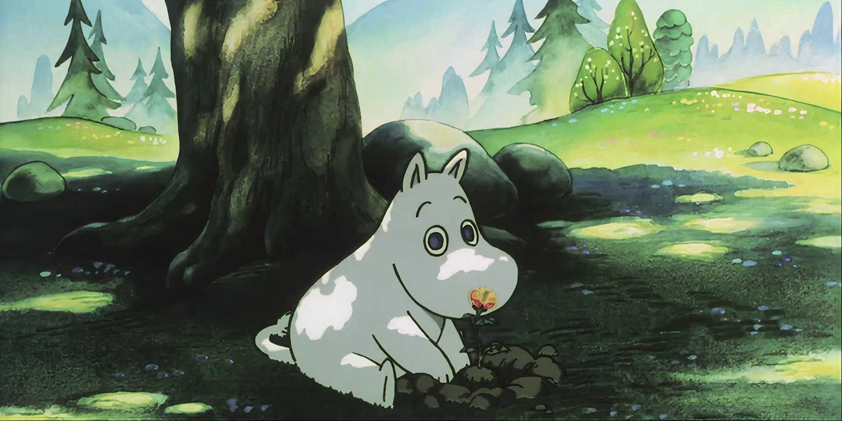 A creature plants a flower in a field in Comet in Moominland.