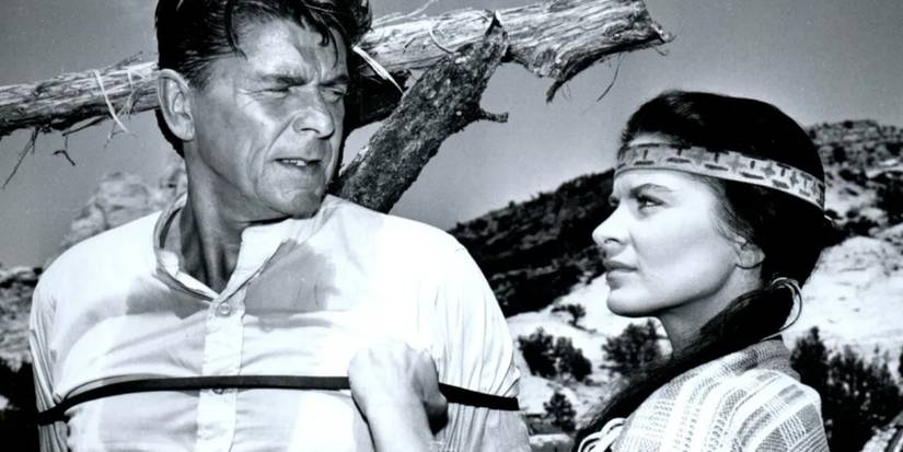 Lt. Colonel Burk (Ronald Reagan) captured by Olive Oatman (Shary Marshall) in the 'Death Valley Days' episode "The Lawless Have Laws."