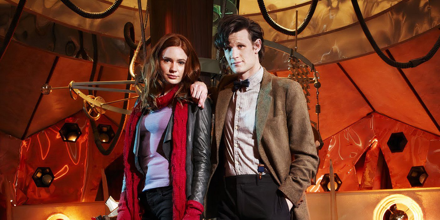 Matt Smith and Karen Gillan as The Doctor and Amy Pond standing in the tardis in Doctor Who