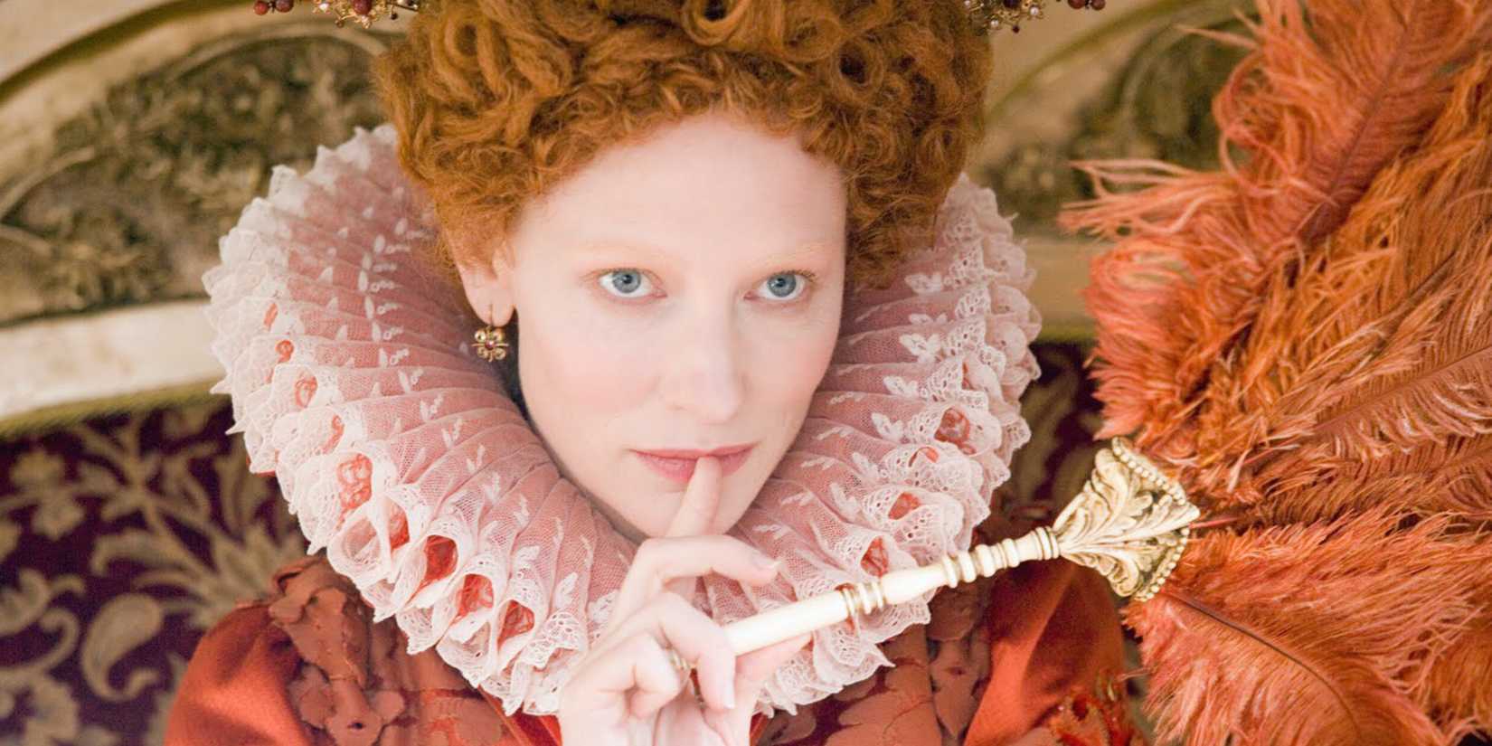Queen Elizabeth I with his finger on her lips in Elizabeth (1998)