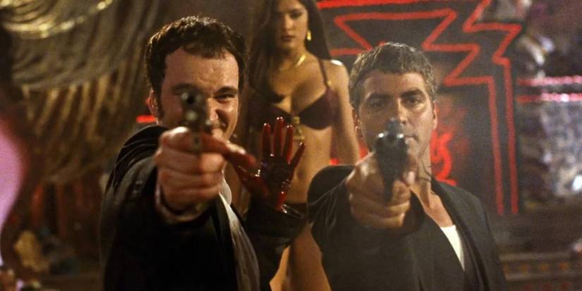 The Gecko brothers aiming guns at the camera while a woman in a bikini stands behind them