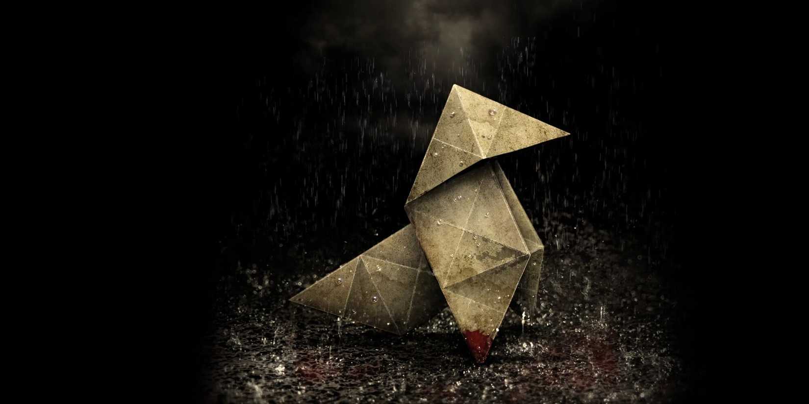 An origami bird sitting alone in the rain with human blood on the corner, a calling card for the Origami Killer in Heavy Rain