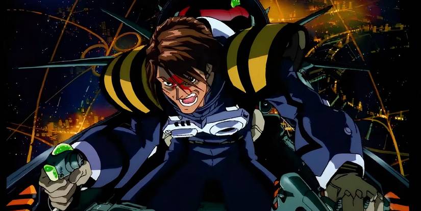 Isamu screaming in the cockpit of his jet in Macross Plus.