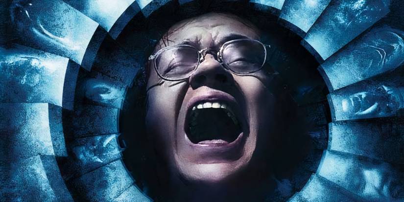 Promo image featuring Jacob's screaming head in the middle of a spiral staircase for Jacob's Ladder.