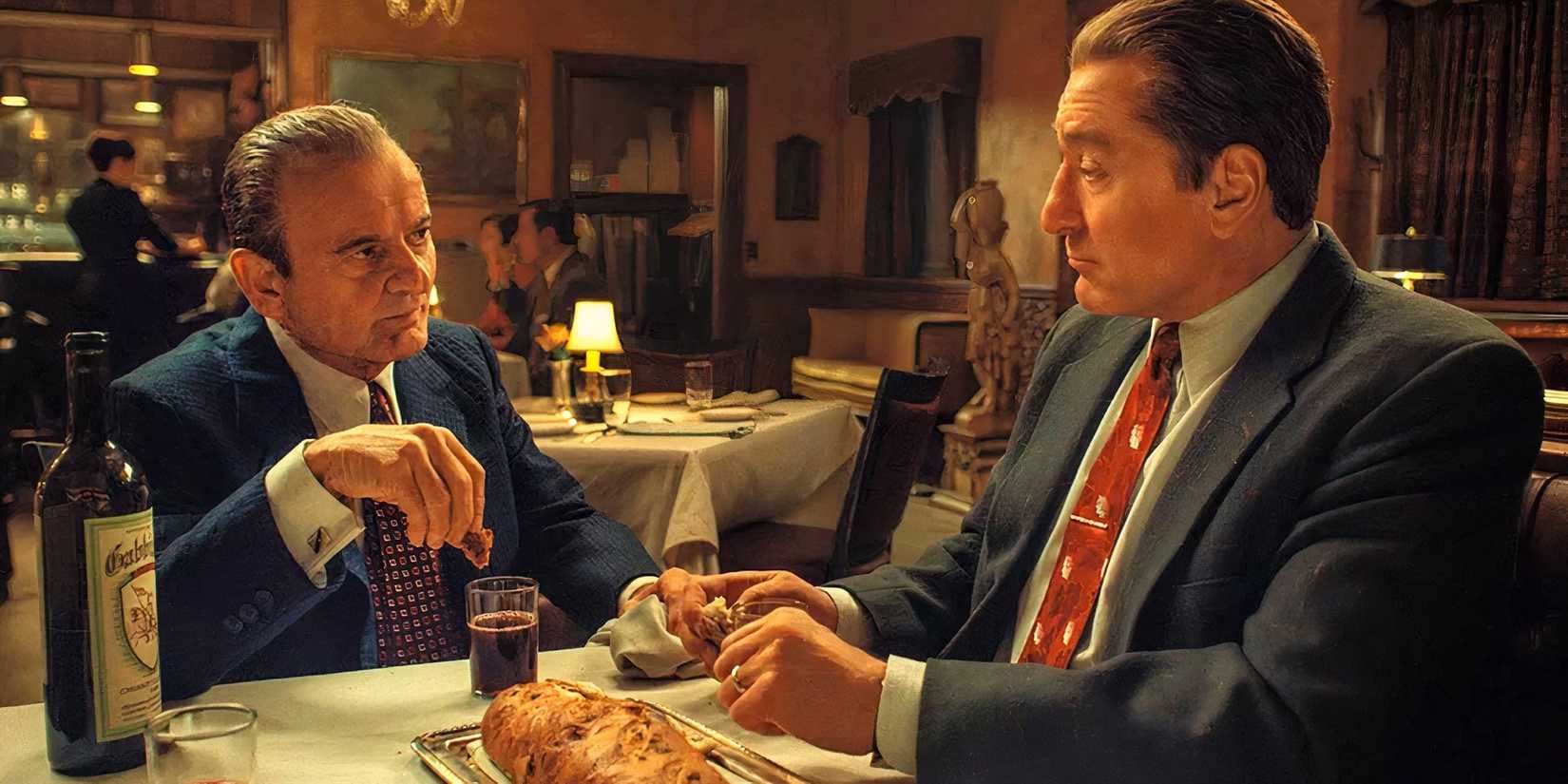 Joe Pesci as Russell Bufalino and Robert De Niro as Frank Sheeran share a conspiratorial dinner together in The Irishman.
