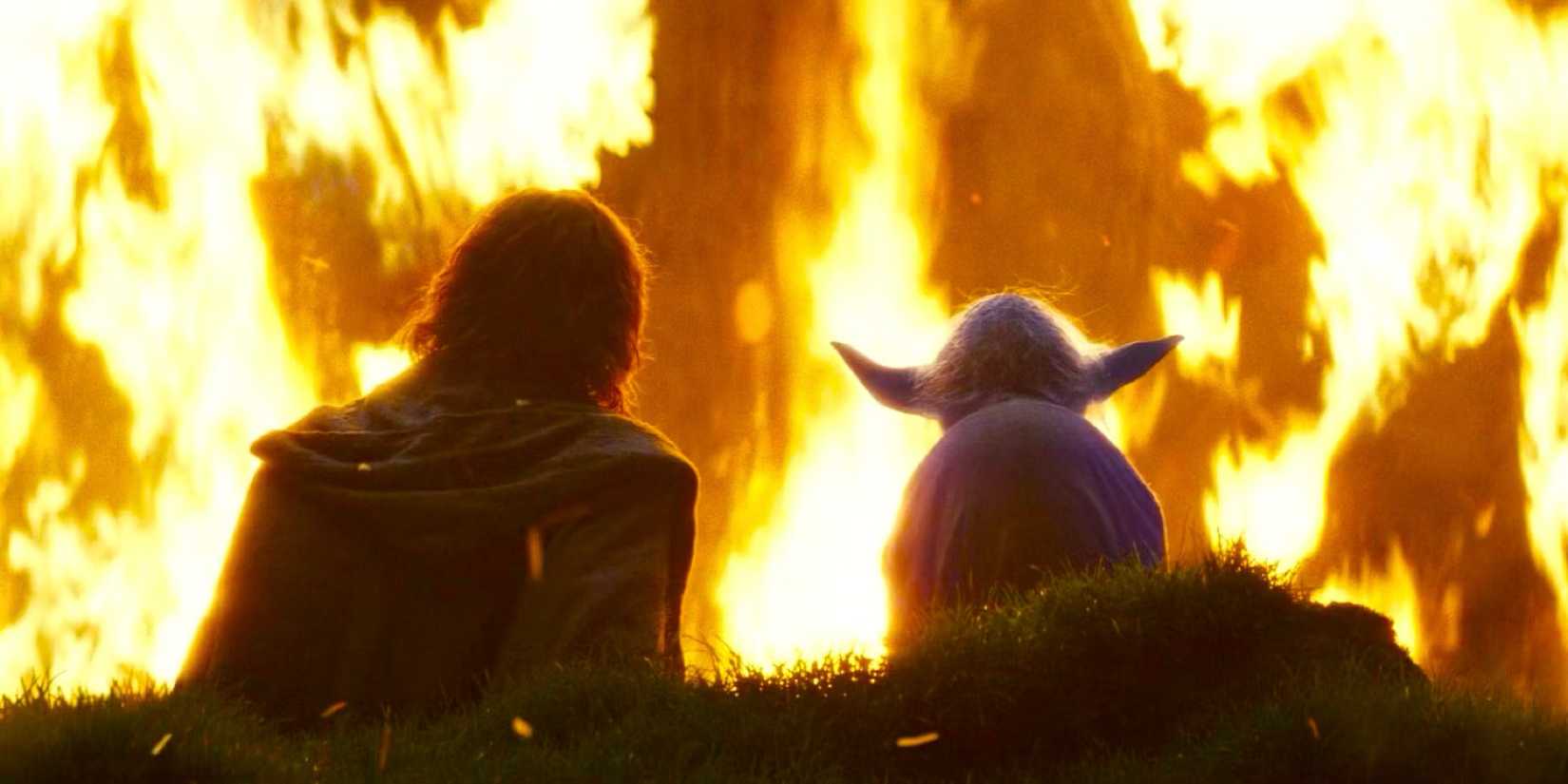 Jedi Master Luke Skywalker (Mark Hamill), and the ghost of his master, Yoda (Frank Oz), watch an ancient tree burn on Ahch-To in Star Wars: Episode VIII - The Last Jedi.